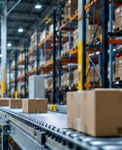Warehouse with racking and a conveyor carrying boxes